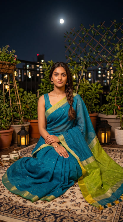 A woman sitting on a rug in a moonlit terrace garden under string lights, displaying the glinting micro-sequins and soft folds of her blue and green saree