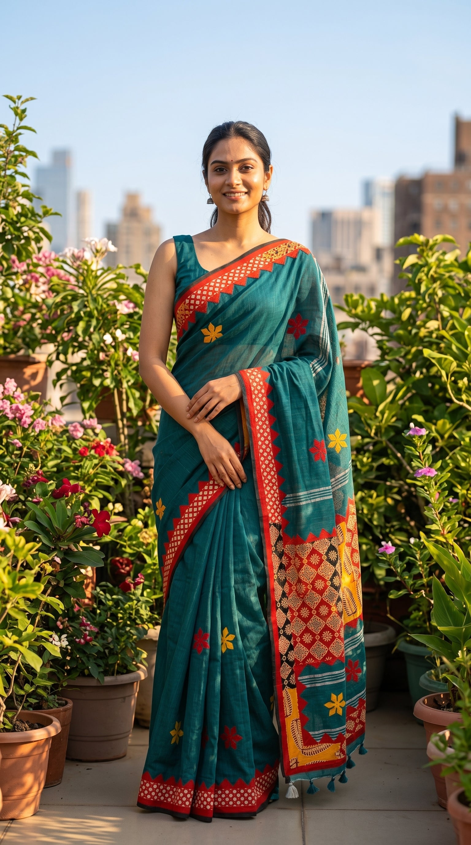 Full-length portrait of a woman standing in a sunny terrace garden surrounded by potted plants, displaying the elegant fall and rich red patchwork styling of a teal applique saree