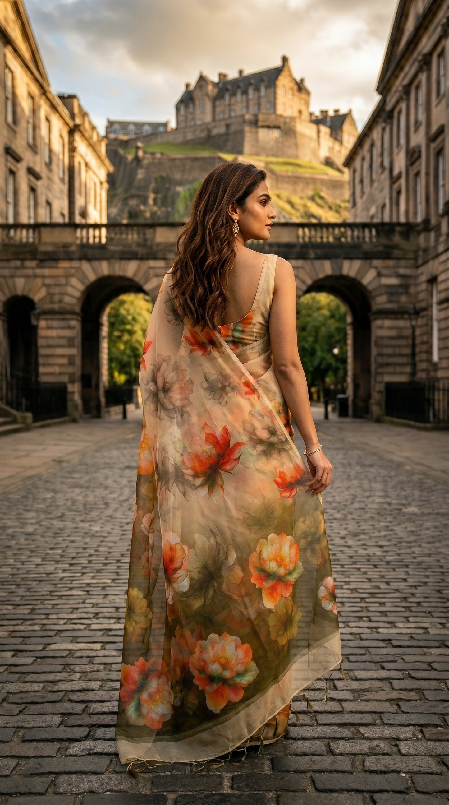 Back view of a model walking down a cobblestone path toward a castle courtyard, showcasing the detailed botanical prints across the chiffon pallu