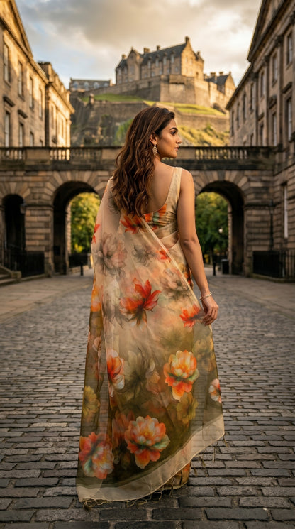 Back view of a model walking down a cobblestone path toward a castle courtyard, showcasing the detailed botanical prints across the chiffon pallu