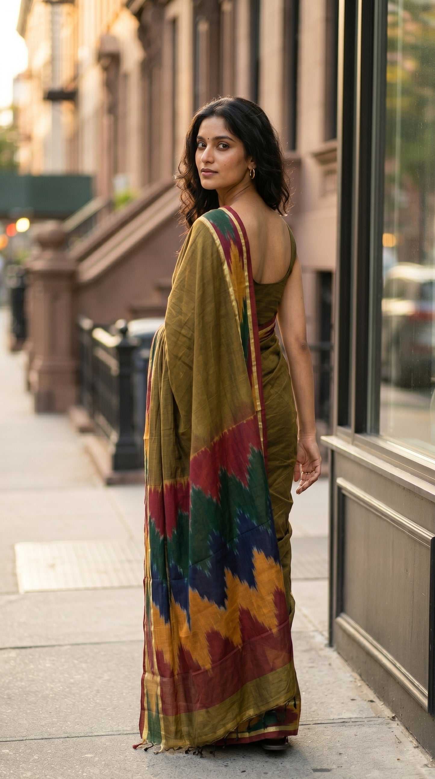 Woman wearing a Handloom Cotton Saree with Ikat Border – Mehndi Green saree on a city street