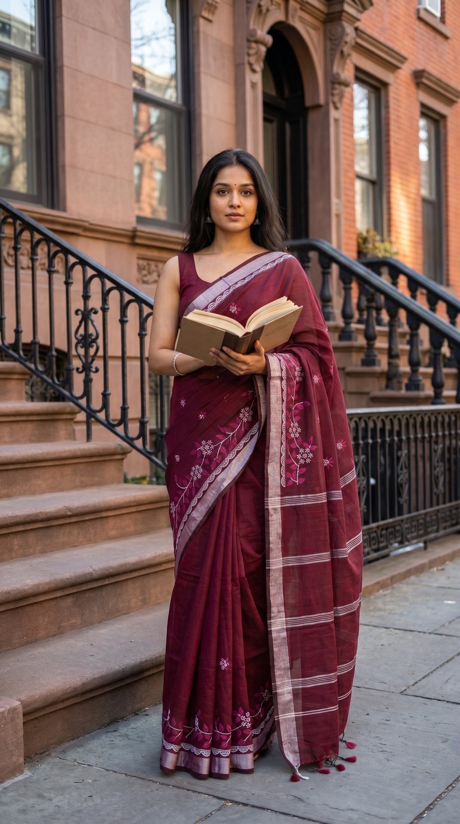 Full-length image of a woman standing in front of brownstone steps holding an open book, displaying the structural drape and detailed skirt embroidery of a maroon linen blend saree