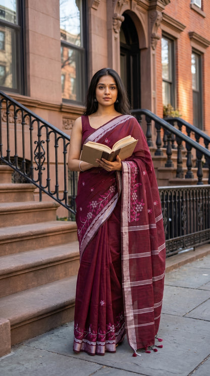 Full-length image of a woman standing in front of brownstone steps holding an open book, displaying the structural drape and detailed skirt embroidery of a maroon linen blend saree