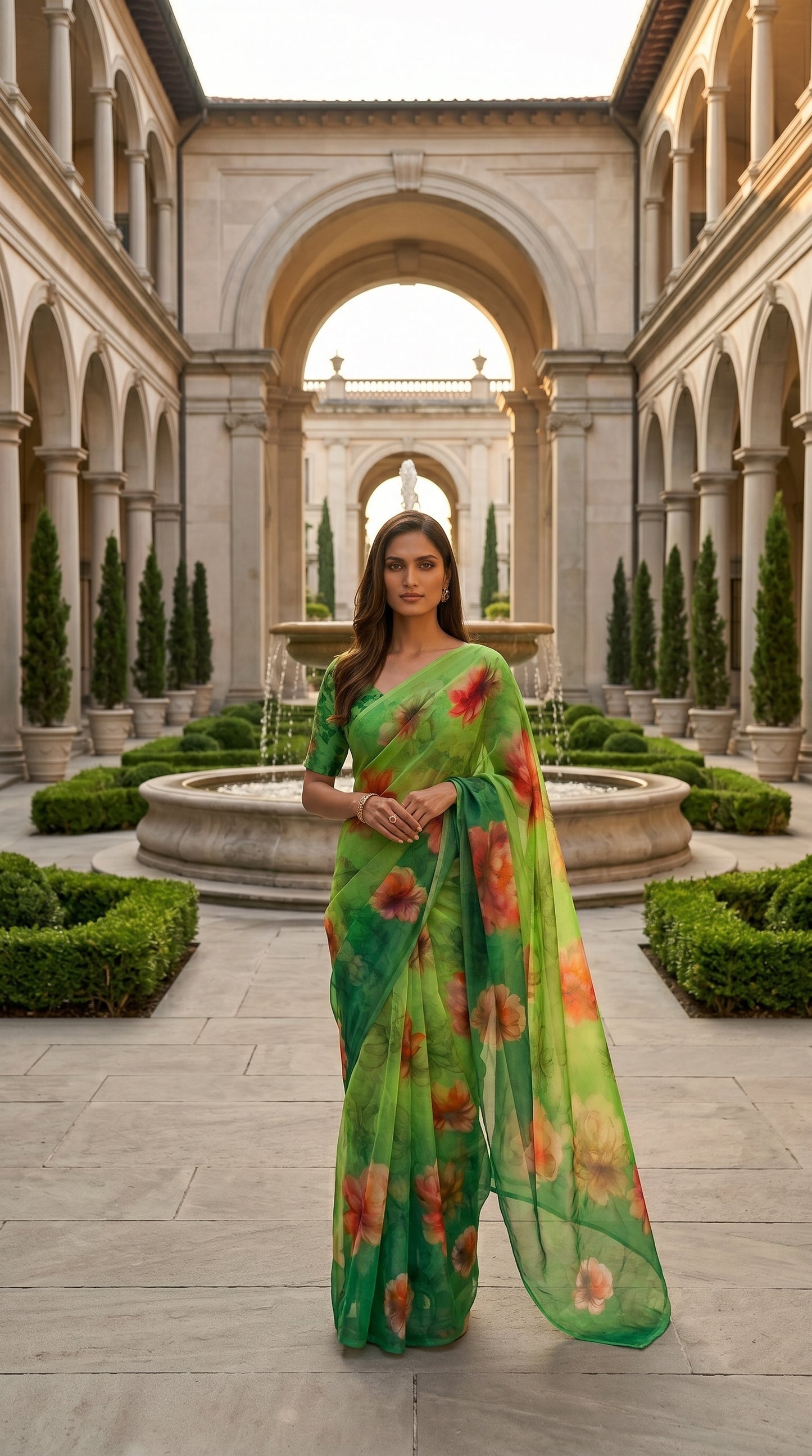 Full-length image of a model standing in a heritage open courtyard with fountains, highlighting the graceful flow of an emerald green chiffon saree