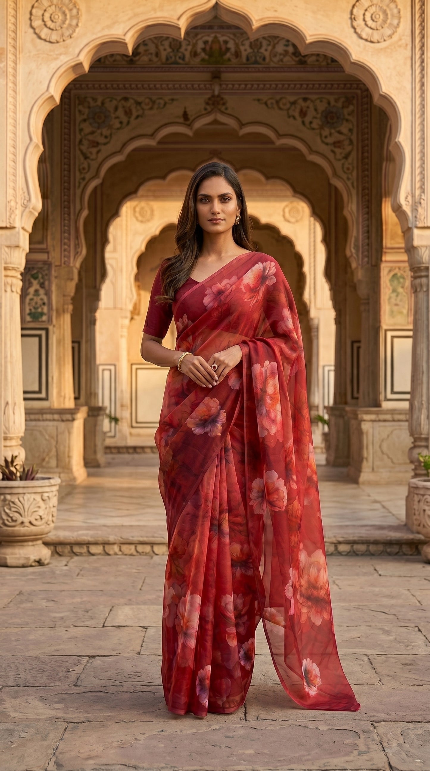 Full-length image of a model standing in the center of a heritage stone archway courtyard, displaying the elegant drape of a wine red floral print saree