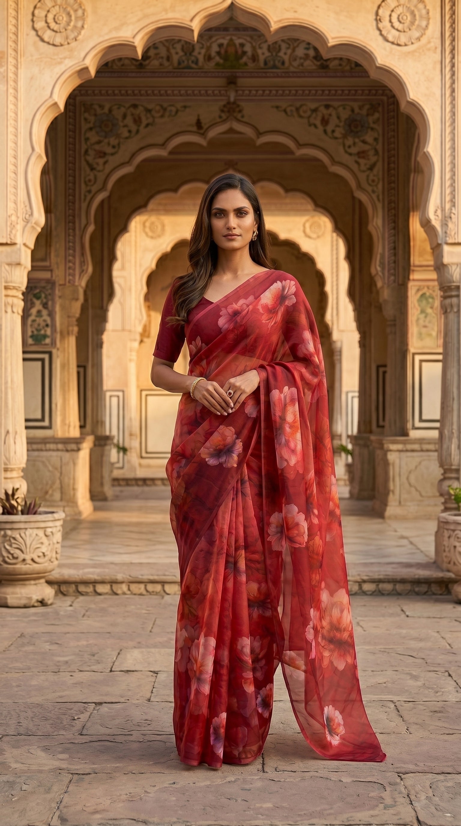 Full-length image of a model standing in the center of a heritage stone archway courtyard, displaying the elegant drape of a wine red floral print saree