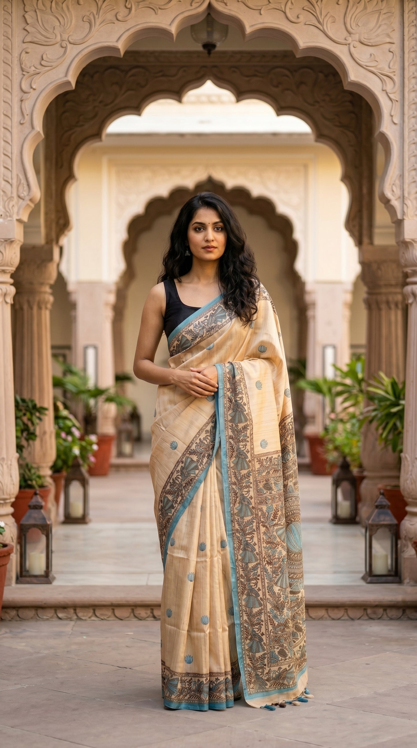 A woman standing in the center of a heritage stone palace archway, displaying the elegant pleats and blue borders of a blended Tussar silk Madhubani saree