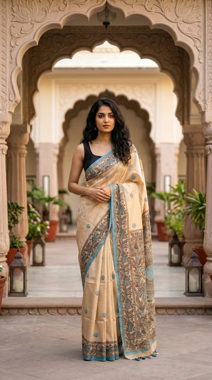 A woman standing in the center of a heritage stone palace archway, displaying the elegant pleats and blue borders of a blended Tussar silk Madhubani saree