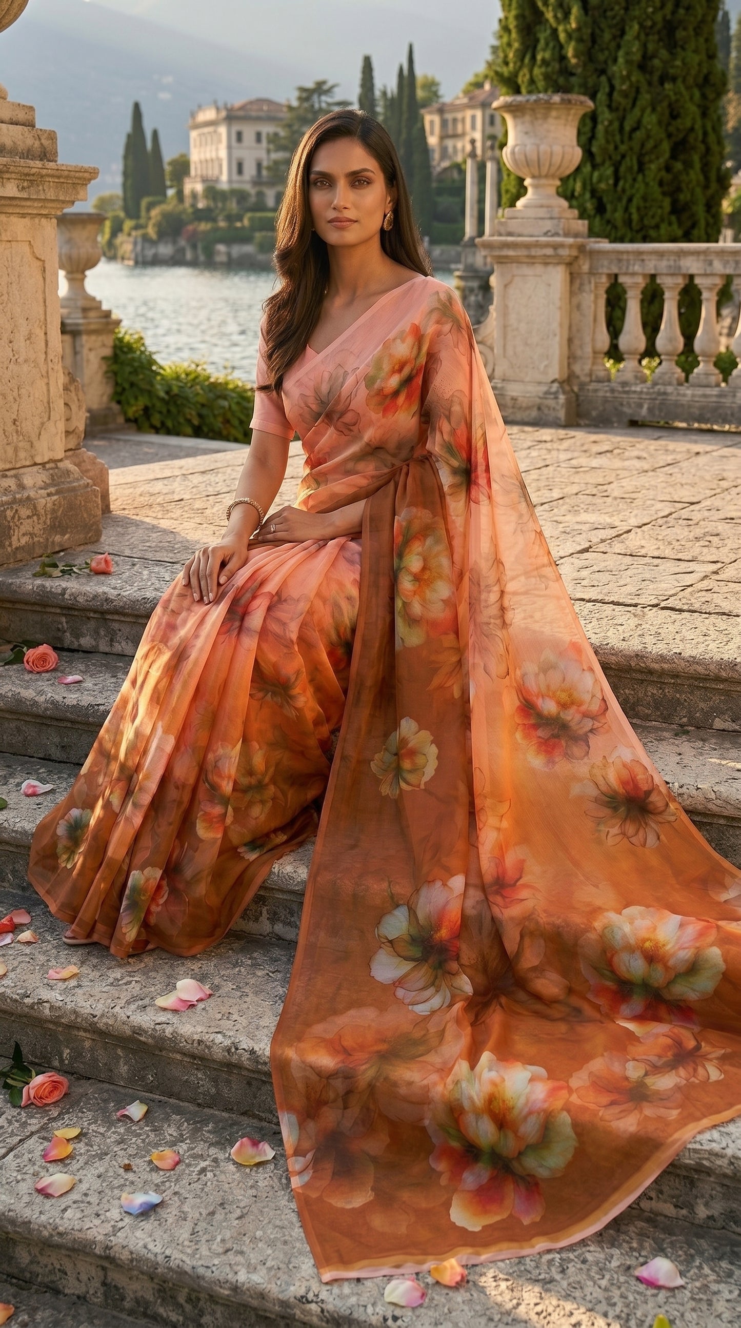 A woman sitting on ancient courtyard steps, showcasing the elegant sweeping drape of a peach beige watercolor floral print chiffon saree