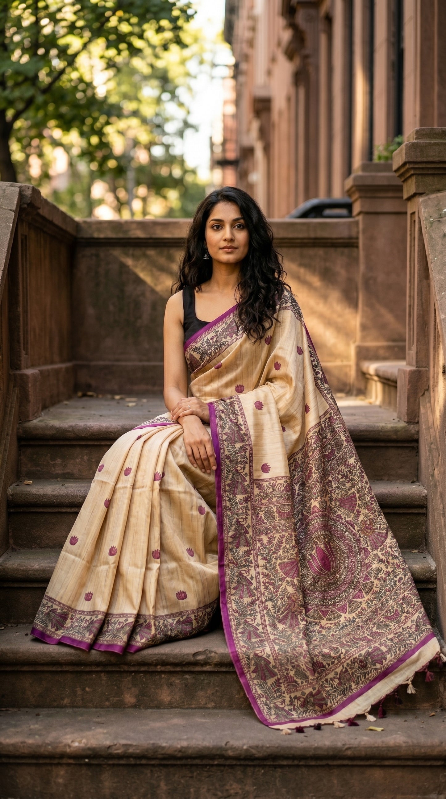 Model sitting gracefully on vintage stone steps, displaying the beautiful pleats and detailed magenta printed borders of a blended Tussar silk saree