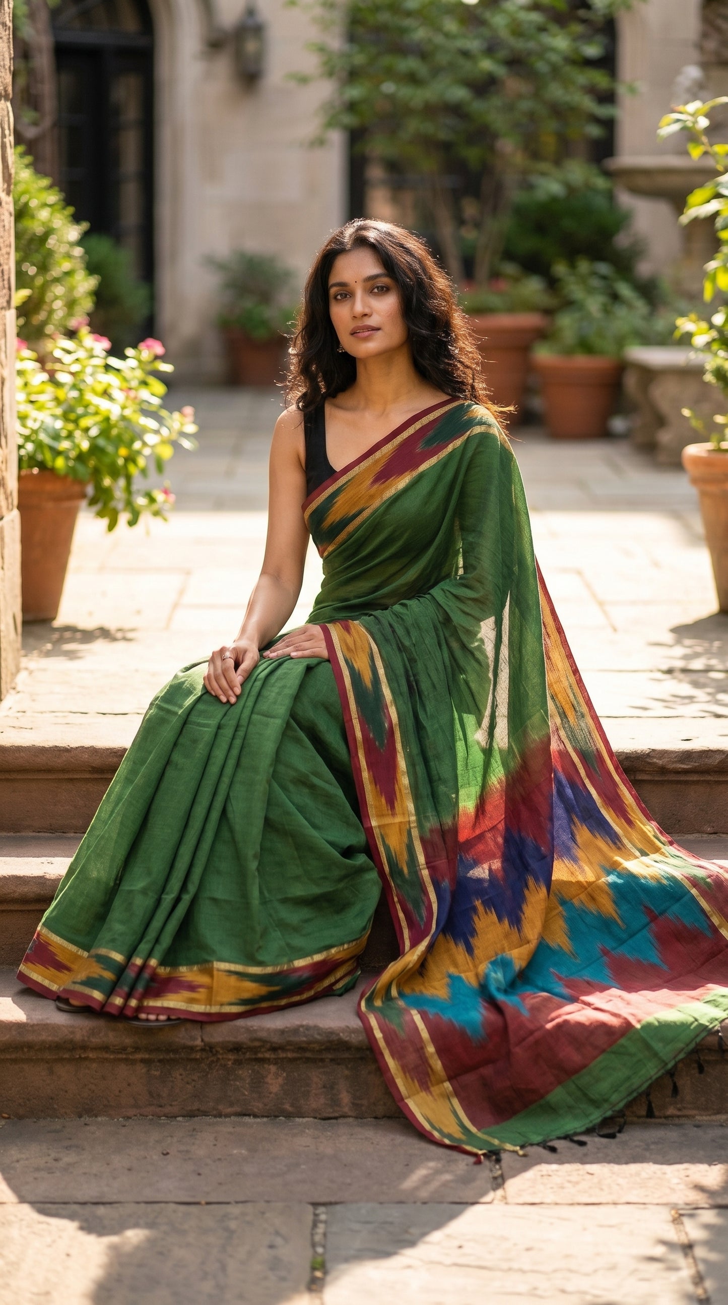 Woman in a handloom cotton saree with ikat border – green with magenta, yellow and green border sitting on steps outdoors.
