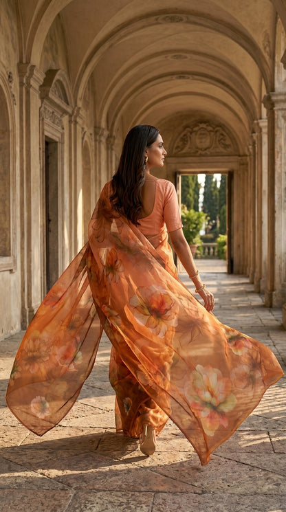 Full-length back view of a model walking down a historic stone corridor, highlighting the breezy, weightless movement of a peach beige floral chiffon saree