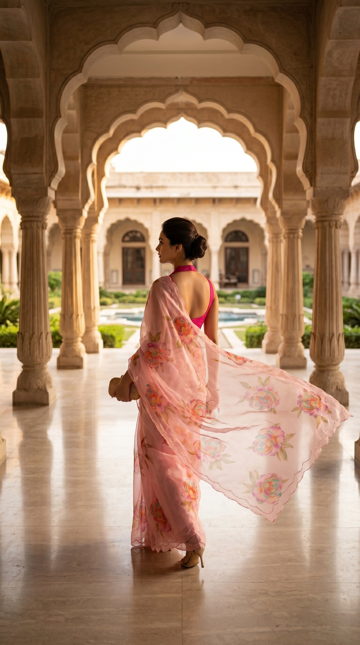 Back view of a woman walking through a grand heritage archway corridor, showcasing the floating movement of a blush pink floral printed chiffon saree with a scalloped cut work border