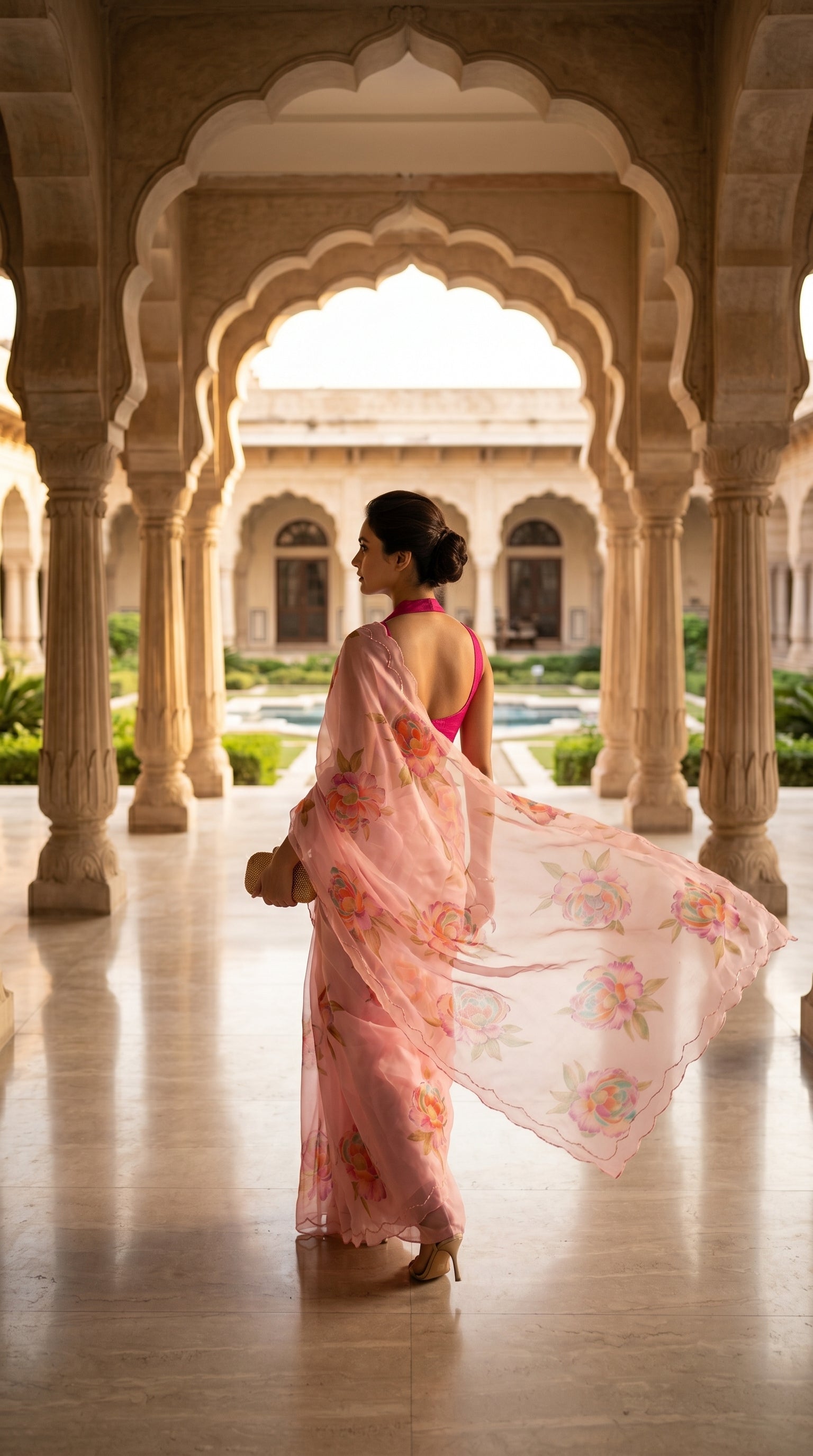 Back view of a woman walking through a grand heritage archway corridor, showcasing the floating movement of a blush pink floral printed chiffon saree with a scalloped cut work border