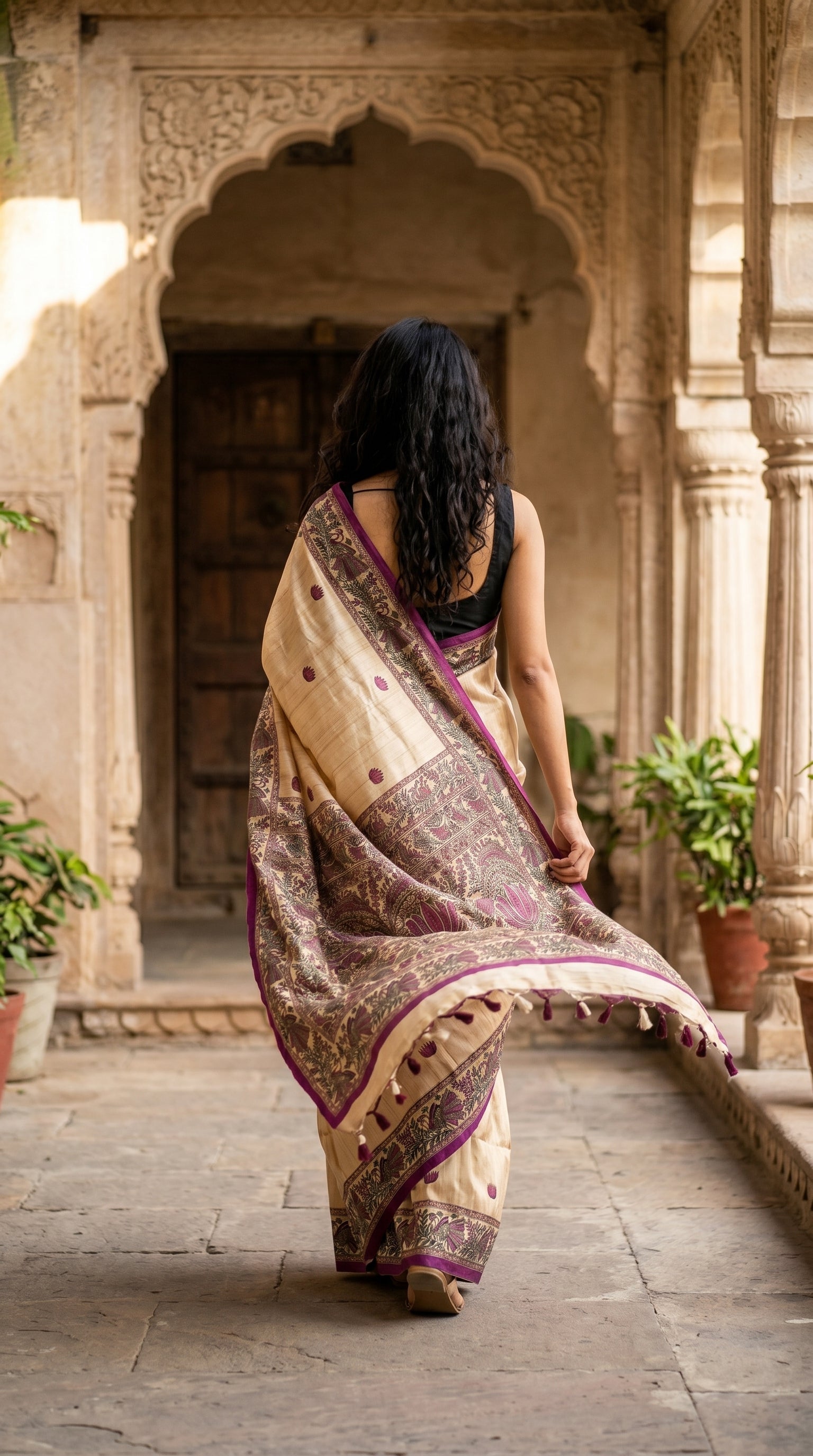 Back view of a model walking through a historic stone pavilion, highlighting the elegant movement and structured drape of a magenta Madhubani silk saree