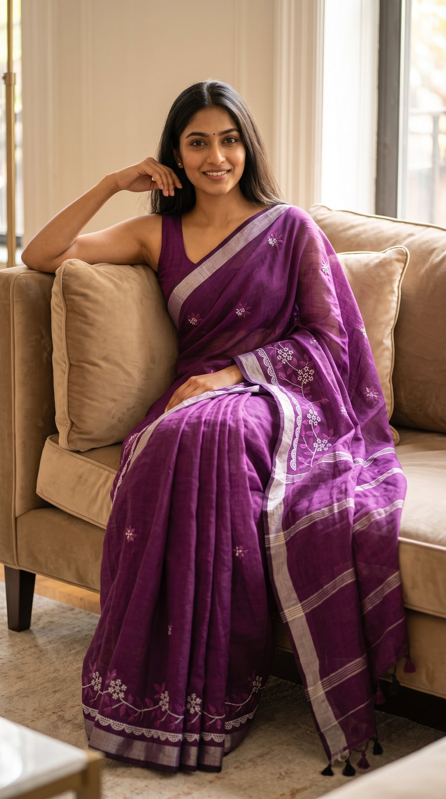 Model seated comfortably on a beige sofa leaning against cushions, showcasing the soft texture, neat front pleats, and intricate embroidery of a purple linen blend saree