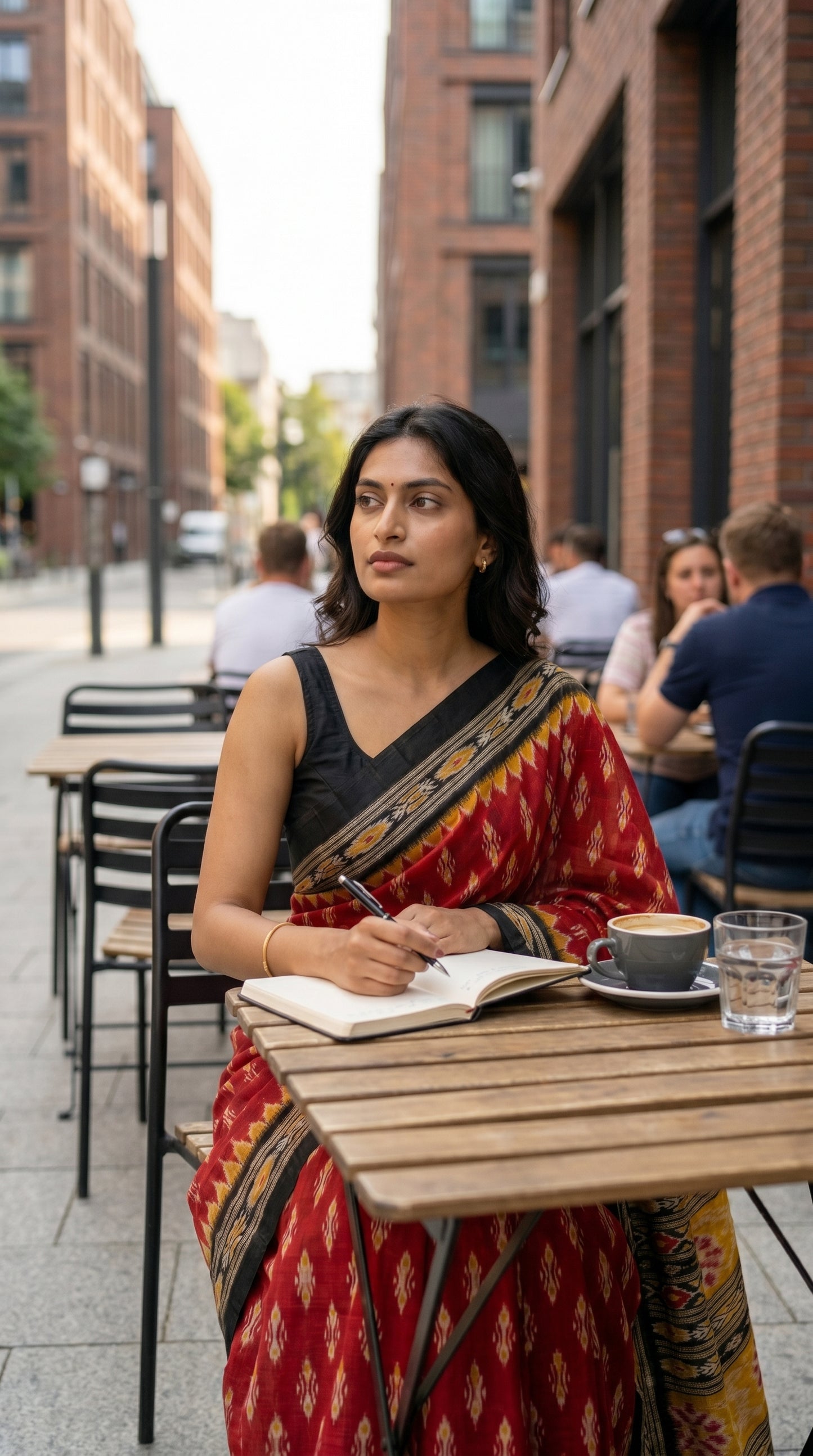 Model seated at an outdoor cafe table writing in a journal, showcasing the rich crimson fabric texture and contrasting black blouse paired with a red Ikat print saree