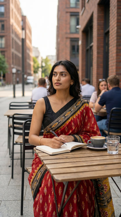 Model seated at an outdoor cafe table writing in a journal, showcasing the rich crimson fabric texture and contrasting black blouse paired with a red Ikat print saree