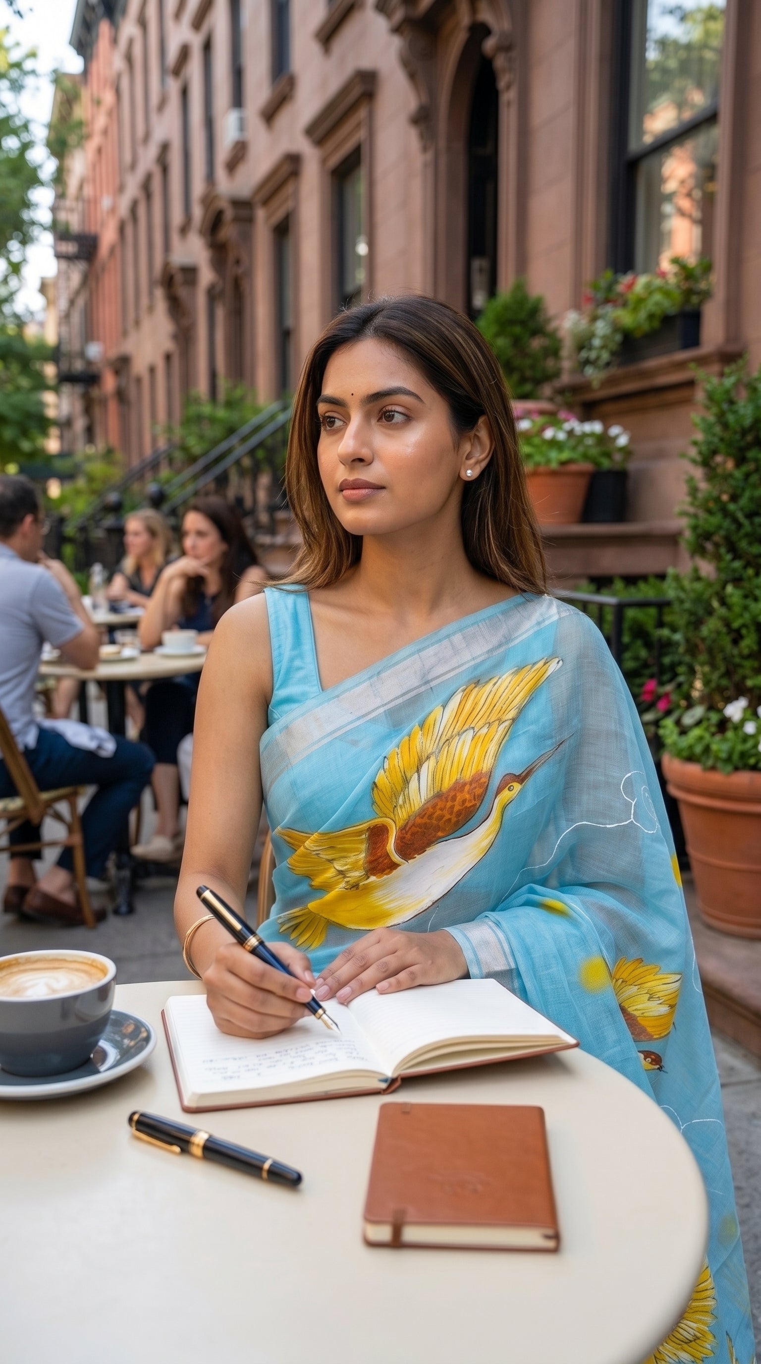 Model seated at an outdoor cafe table with a notebook and pen, showcasing the delicate silver zari border and golden bird artwork on her sky blue saree