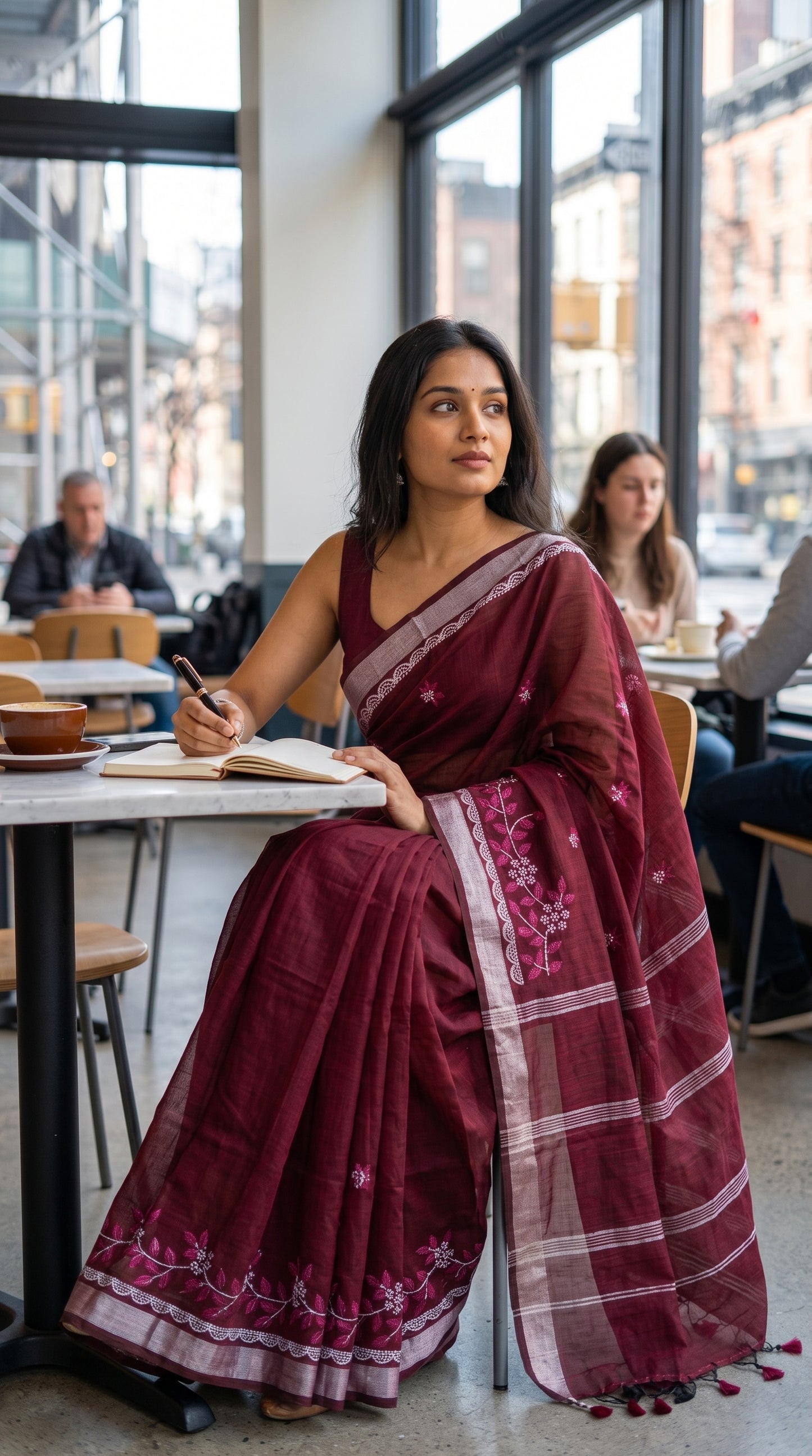A model sitting at a cafe table writing in a notebook, showcasing the elegant front drape and pink-and-white floral vine embroidery on the border of a deep maroon saree