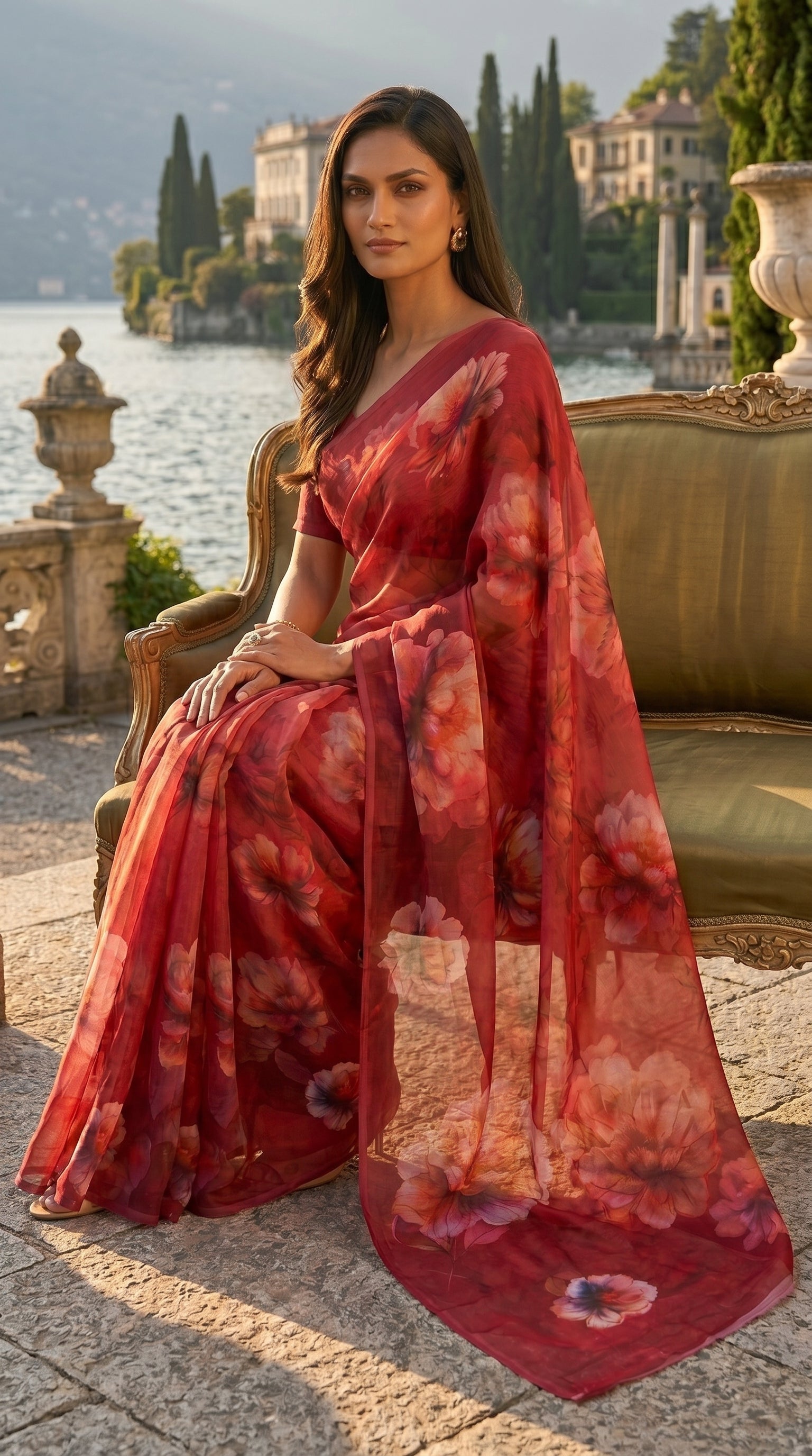 Model seated gracefully on a vintage gold sofa by a lake, displaying the deep crimson folds and large peony prints of a wine red chiffon saree