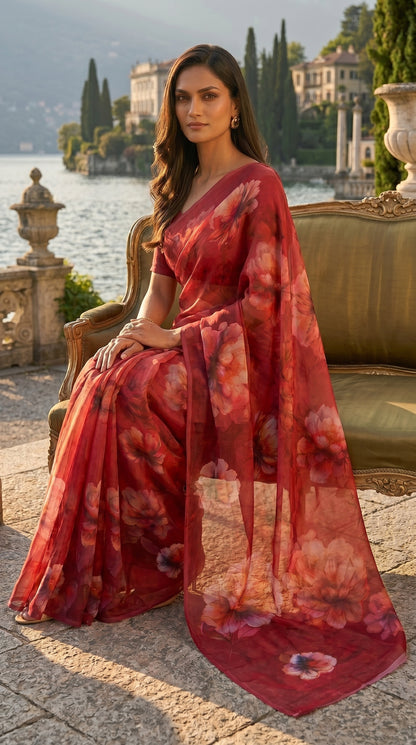 Model seated gracefully on a vintage gold sofa by a lake, displaying the deep crimson folds and large peony prints of a wine red chiffon saree