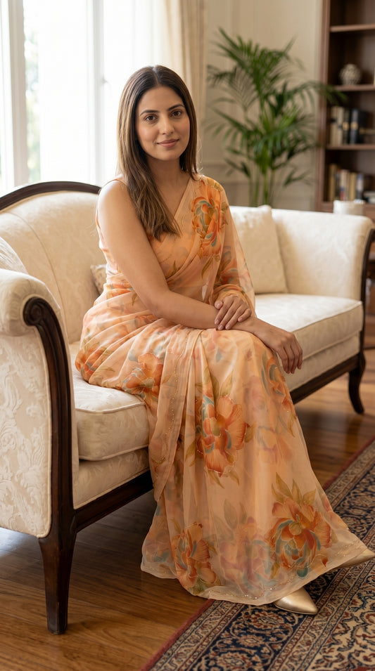 A woman sitting on a white luxury sofa, displaying the delicate gold-accented cut work detailing on an amber and peach floral chiffon saree