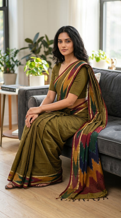 Woman in a Handloom Cotton Saree with Ikat Border – Mehndi Green saree sitting on a couch in a home setting