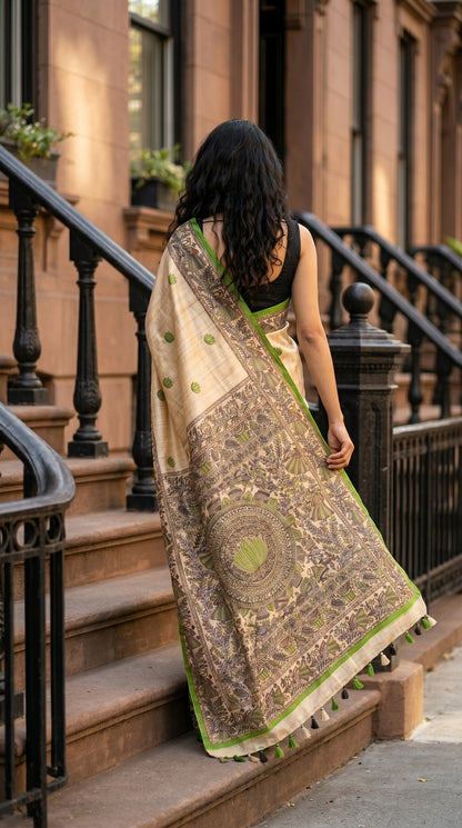 Back view of a woman ascending outdoor brown stone steps, showcasing a beige Tussar silk saree with a heavily detailed parrot green Madhubani printed pallu and hanging tassels