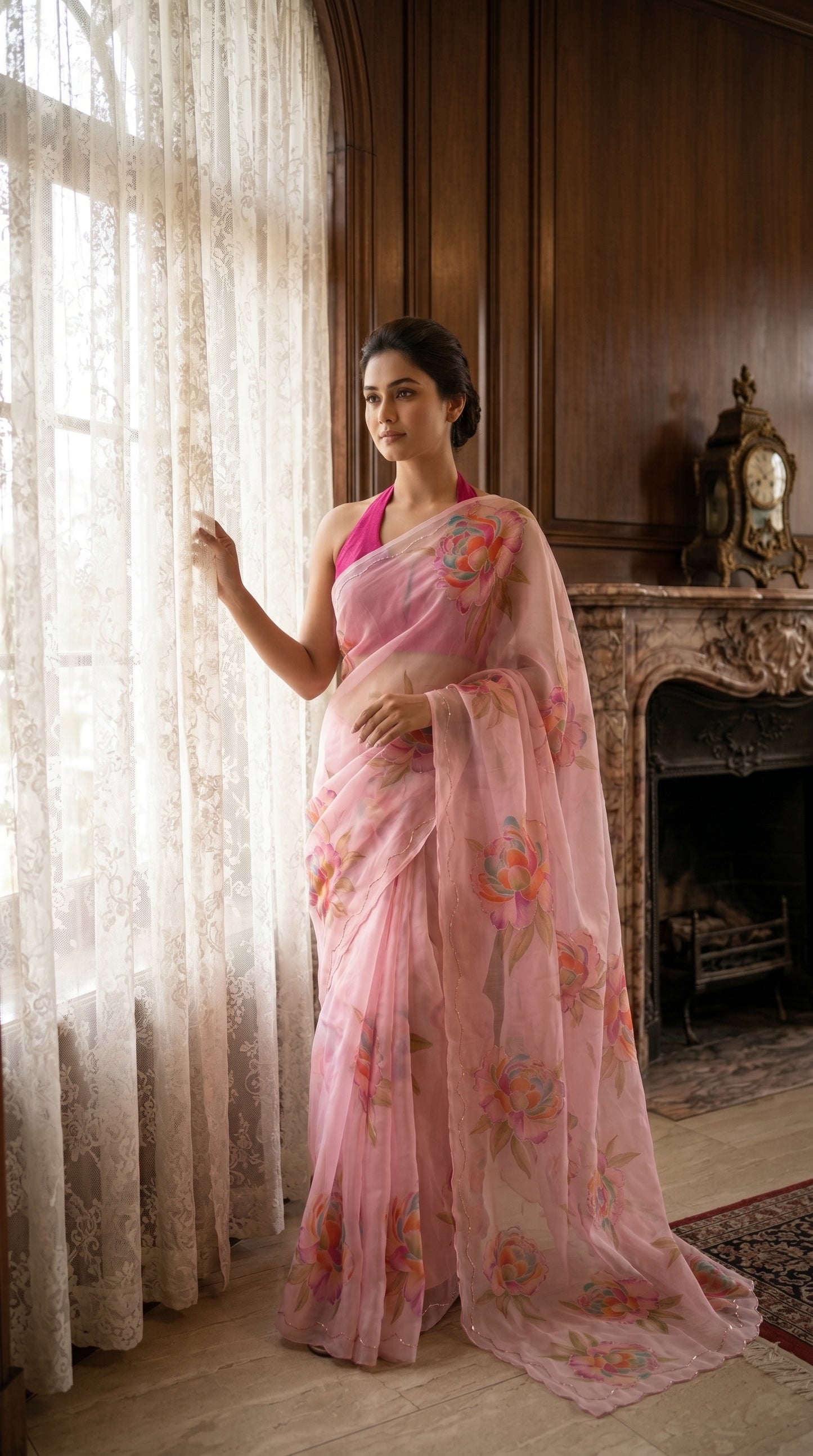 Model posing near a naturally lit window with lace curtains, highlighting the sheer texture and detailed flower cutout work on a blush pink chiffon saree