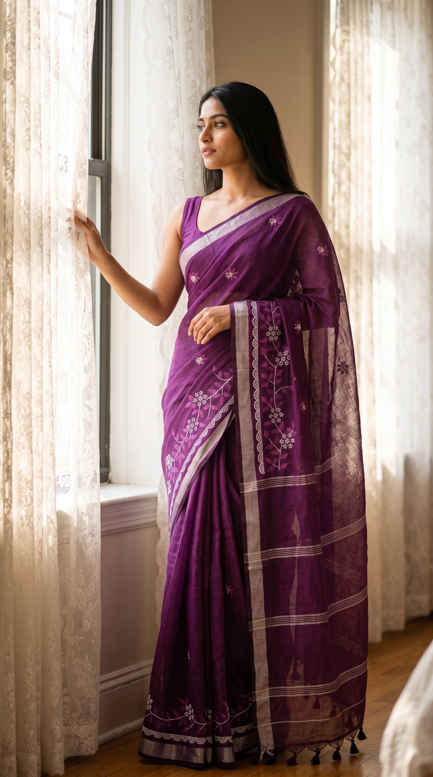 A model looking out a window beside lace curtains, highlighting the silver Zari border and delicate floral motifs on a purple cotton linen saree