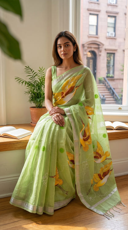 A woman sitting on a wooden window sill inside a bright room, draped in a sheer pista green Kota Doria cotton saree featuring golden hand-painted crane motifs