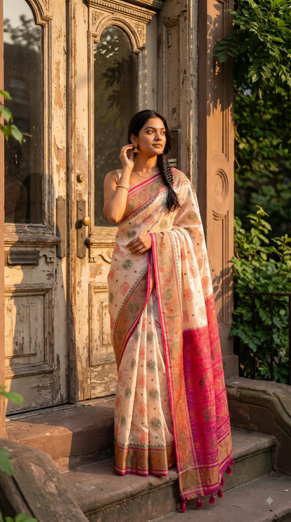 Viscose Silk Saree with Patola Weave - White