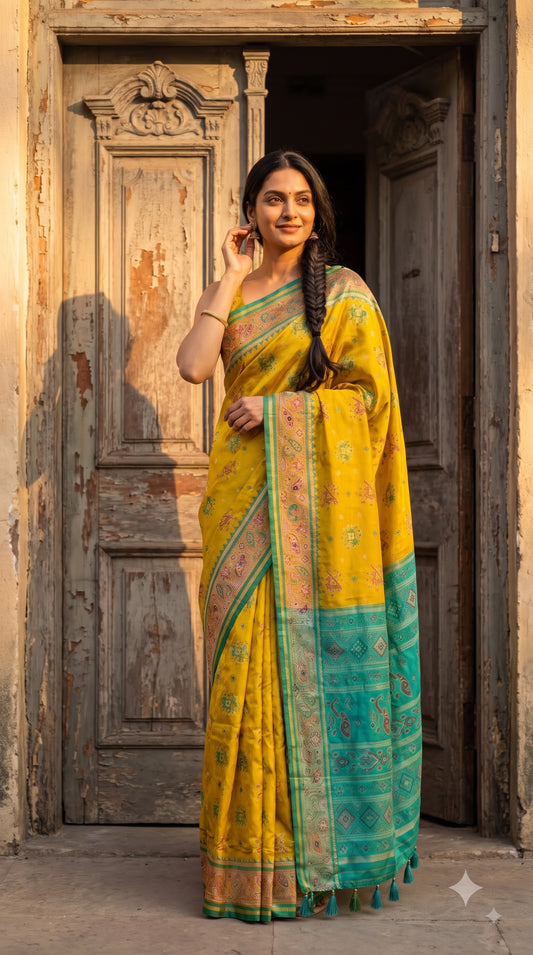 Viscose Silk Saree with Patola Weave - Golden Yellow