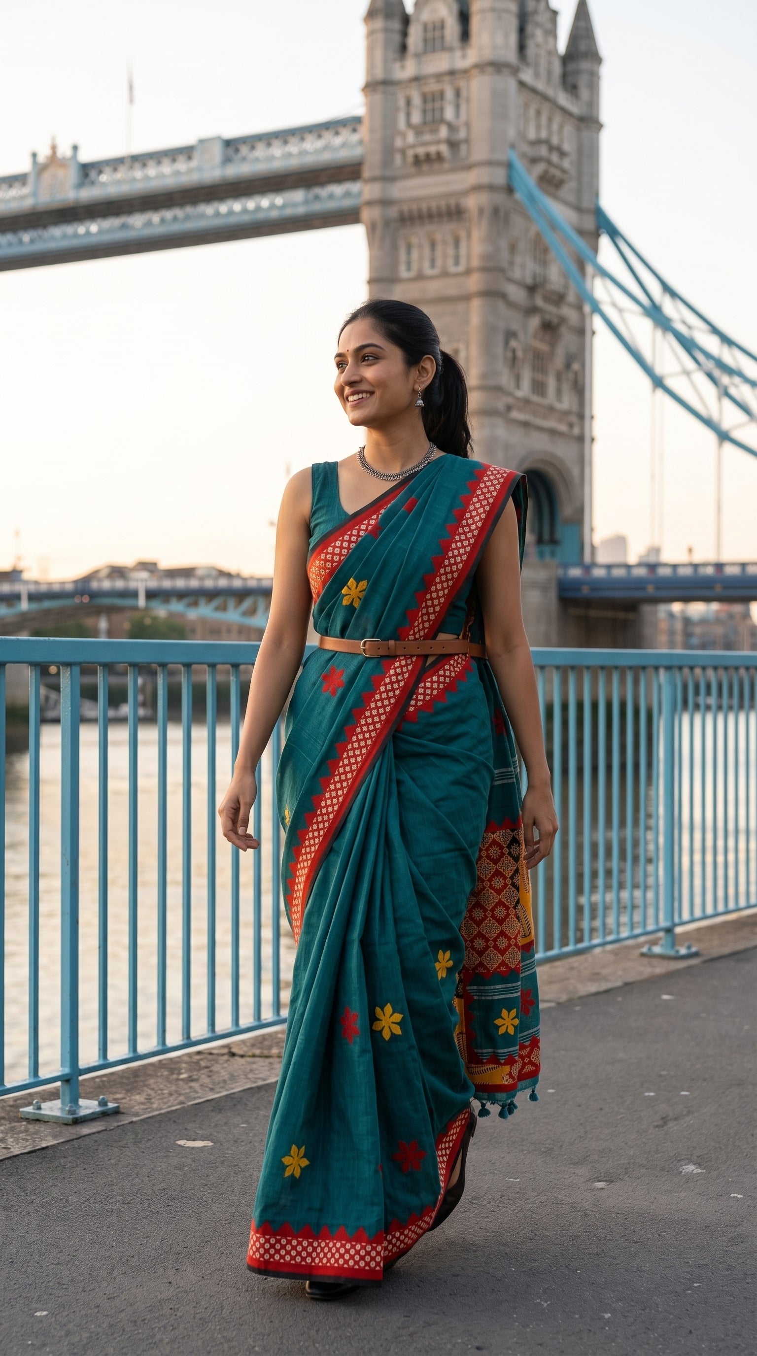 A woman walking along a bridge pathway with London's Tower Bridge in the background, showing a modern styling of a teal cotton linen saree paired with a brown leather belt