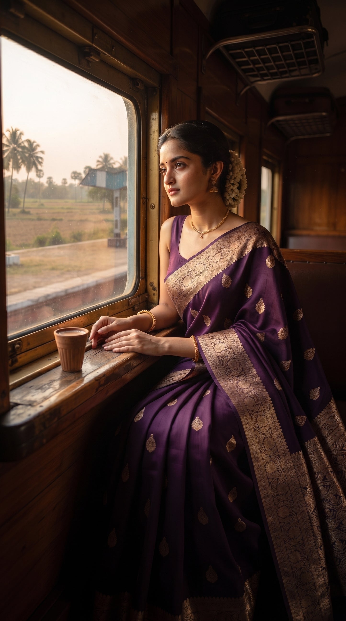 A candid shot of a woman sitting inside a vintage wooden train carriage by a window, looking out at a tropical landscape with a clay cup of tea beside her, highlighting her draped deep purple silk saree.