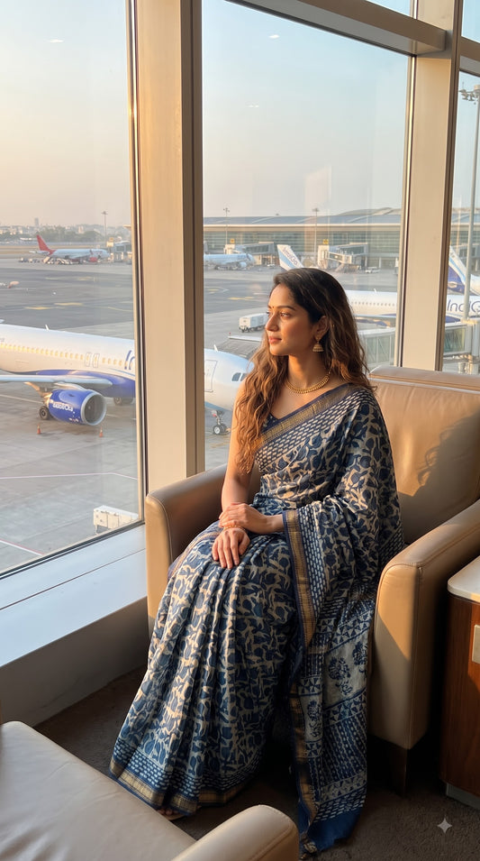 Maheshwari Silk Saree with Handblock Print - Indigo