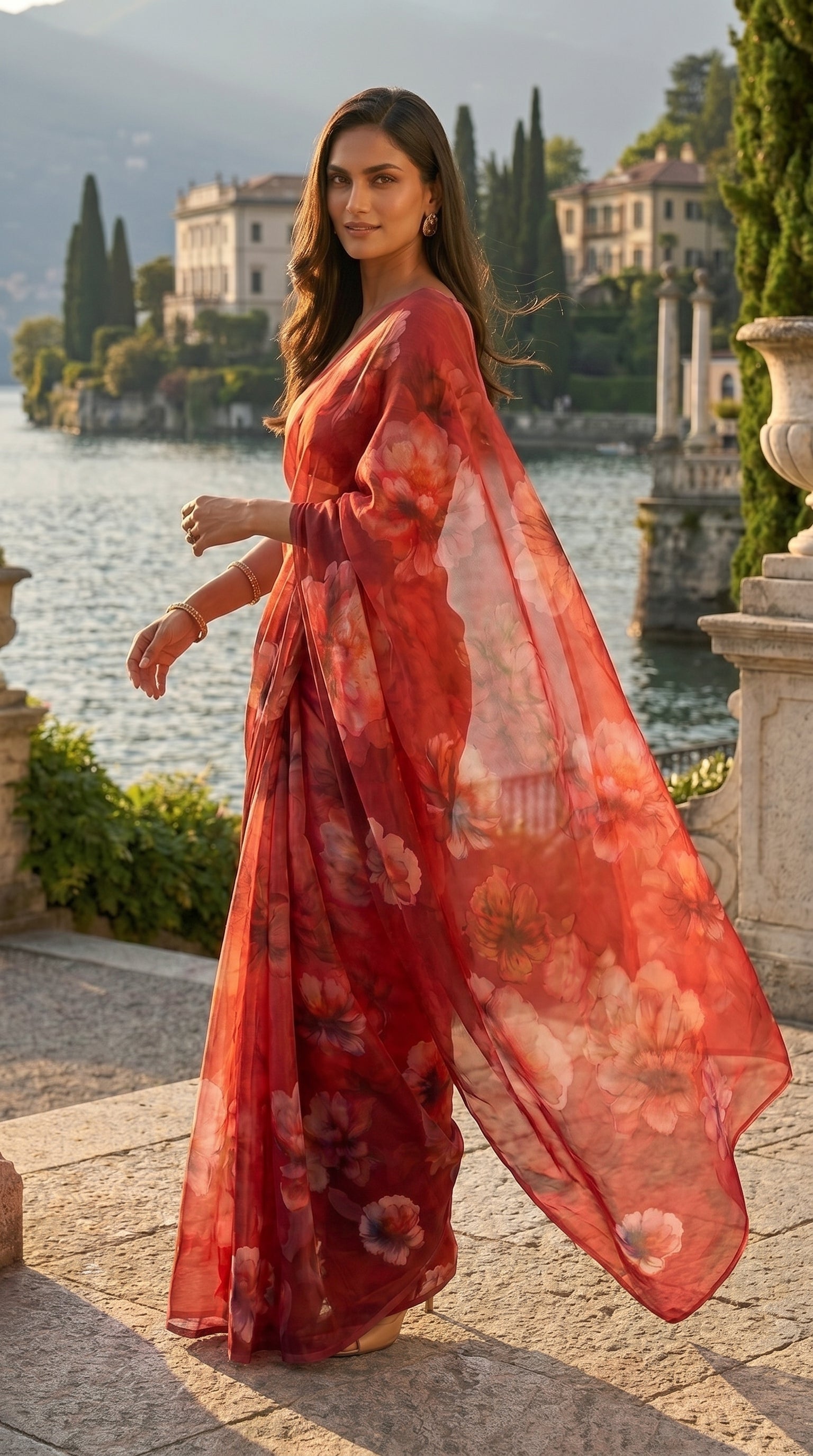Side profile of a model walking gracefully outdoors, highlighting the translucent quality and fluid motion of a wine red floral chiffon saree