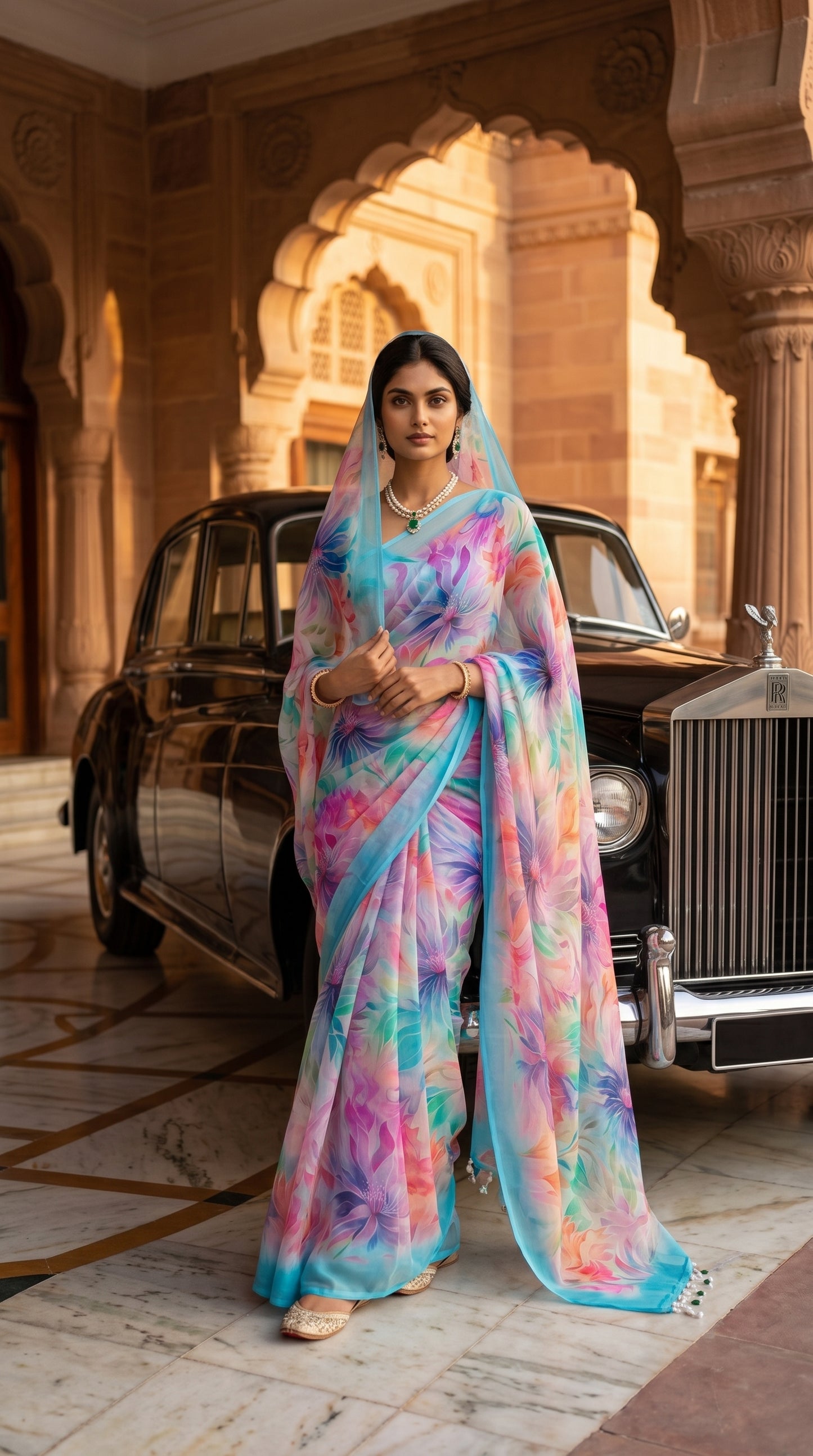 A woman wearing a statement emerald necklace standing with her pallu over her head in front of a vintage black luxury car, highlighting the sheer elegance of her printed sky blue chiffon saree