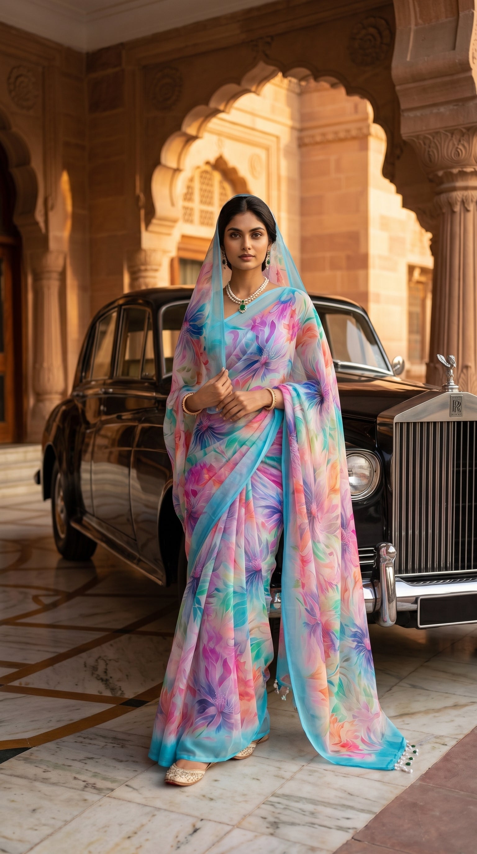 A woman wearing a statement emerald necklace standing with her pallu over her head in front of a vintage black luxury car, highlighting the sheer elegance of her printed sky blue chiffon saree