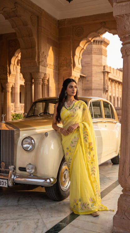 Full-length portrait of a woman wearing a layered pearl necklace leaning against a classic cream luxury car, highlighting the festive grace and premium drape of her yellow chiffon saree