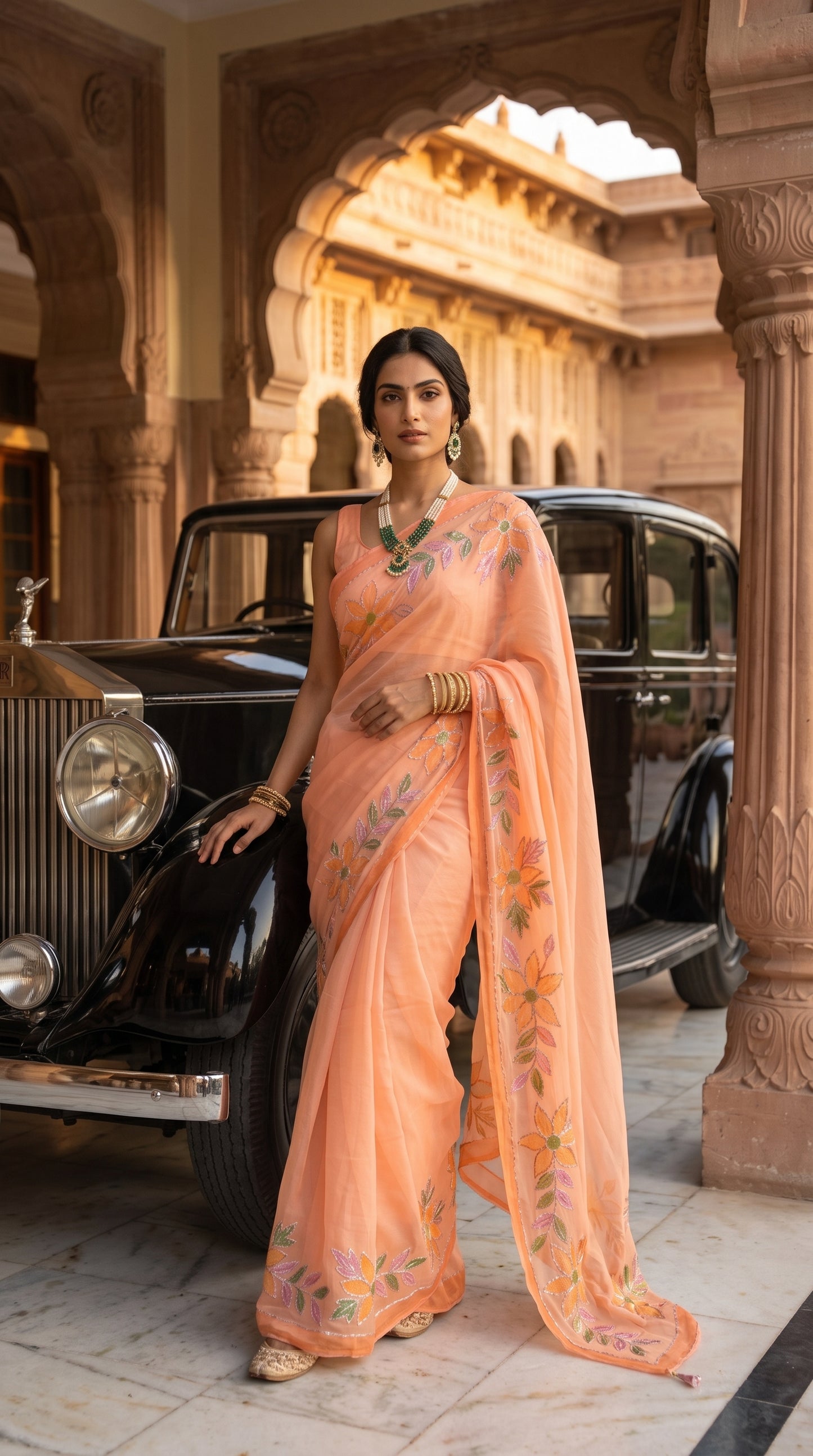 Full-length portrait of a woman wearing a statement emerald necklace standing next to a vintage black luxury car, highlighting the straight silhouette and graceful fall of her peach chiffon saree