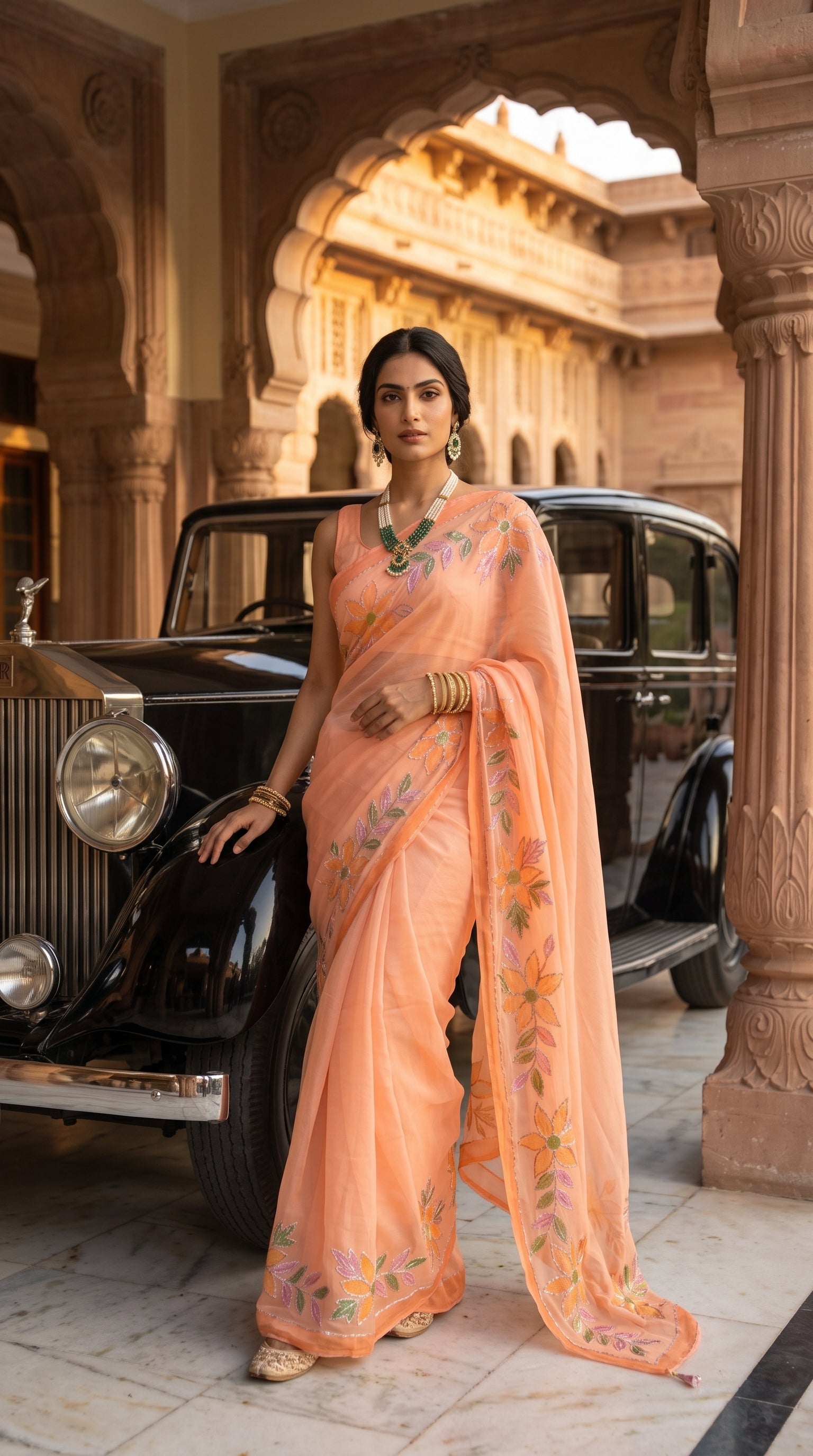 Full-length portrait of a woman wearing a statement emerald necklace standing next to a vintage black luxury car, highlighting the straight silhouette and graceful fall of her peach chiffon saree