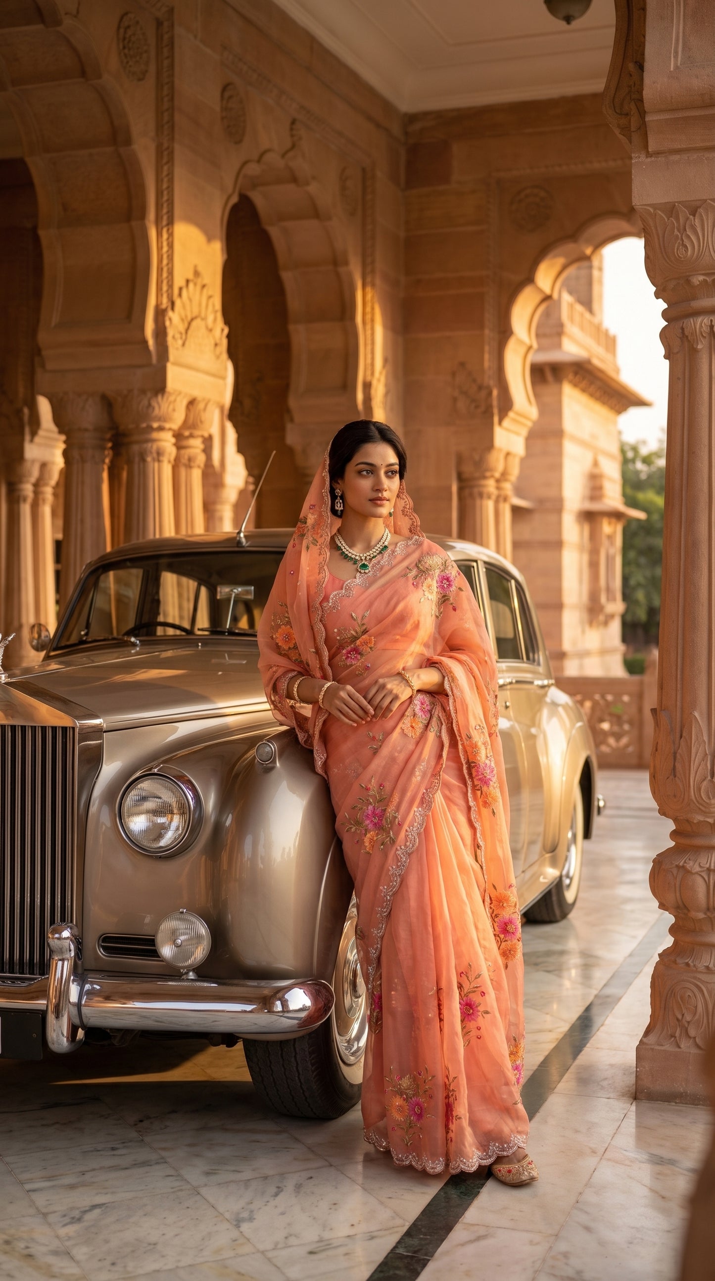 A portrait of a woman wearing a statement emerald necklace leaning against a classic cream luxury car under a palace archway, showcasing the crisp drape and detailed floral borders of her peach organza saree
