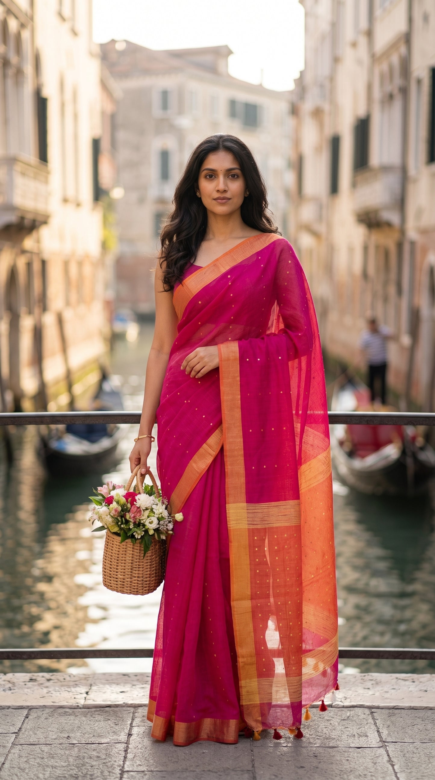 "A model standing by a Venetian canal railing holding a wicker flower basket, beautifully displaying a vibrant magenta linen saree with a contrast orange organza pallu