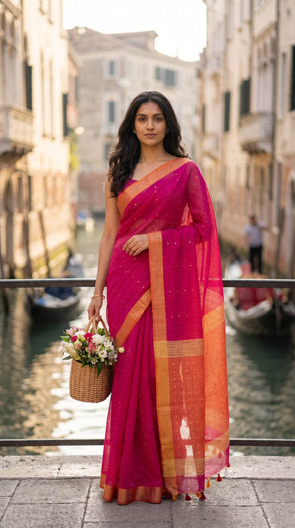 "A model standing by a Venetian canal railing holding a wicker flower basket, beautifully displaying a vibrant magenta linen saree with a contrast orange organza pallu
