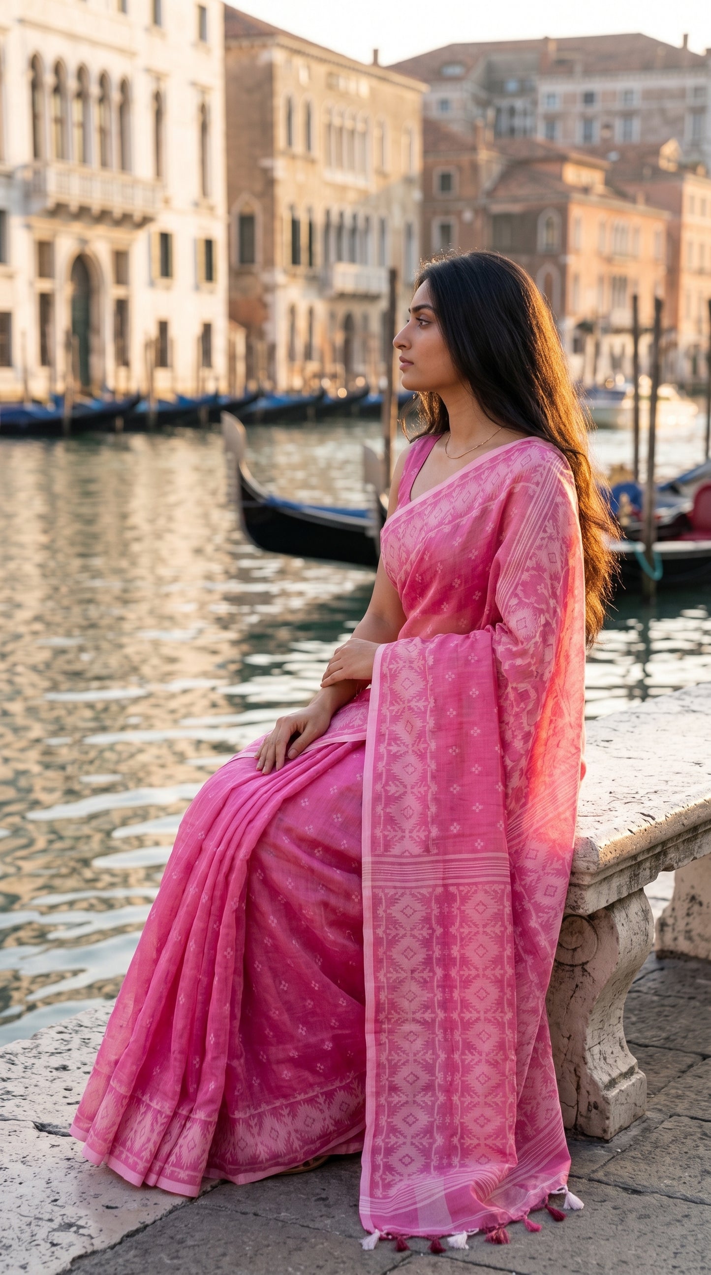 A model seated on a stone bench along a Venetian canal with gondolas at sunrise, displaying the delicate sheer texture and soft pink tint of a cotton tissue Jamdani saree