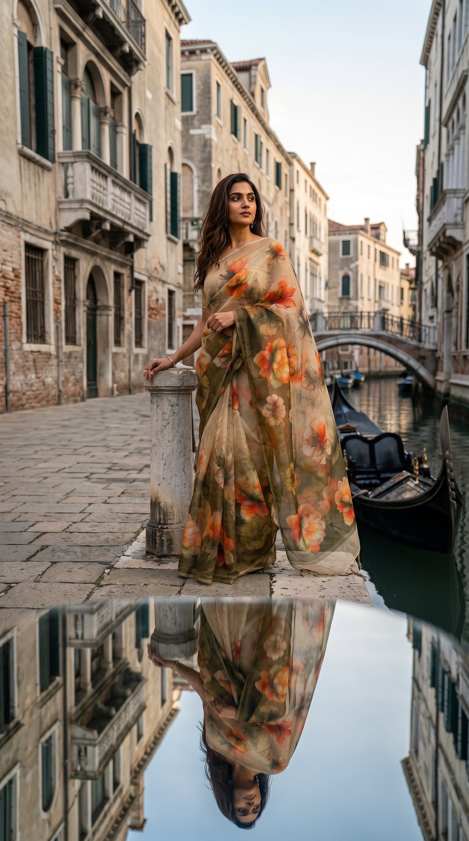 A woman standing next to a canal with a gondola, showcasing the elegant reflection and translucent folds of her olive green printed chiffon saree