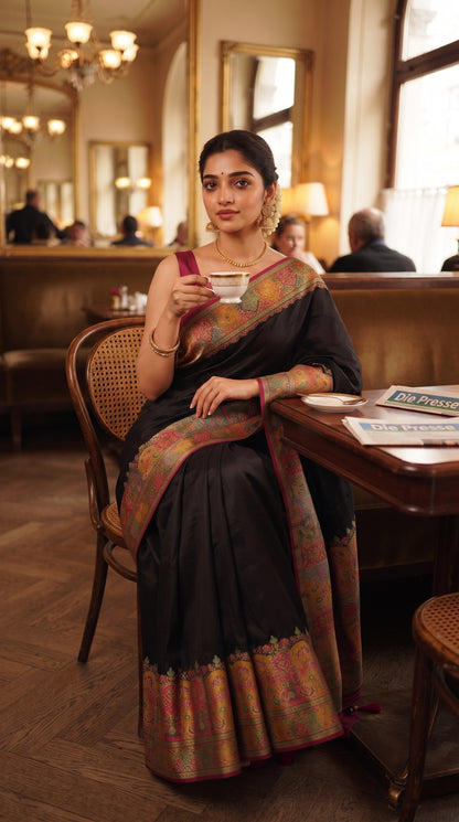 A portrait of a woman sitting on a heritage cane chair inside a classic European café, holding a teacup while beautifully displaying the intricate multicolored paisley borders of her black Kani silk saree