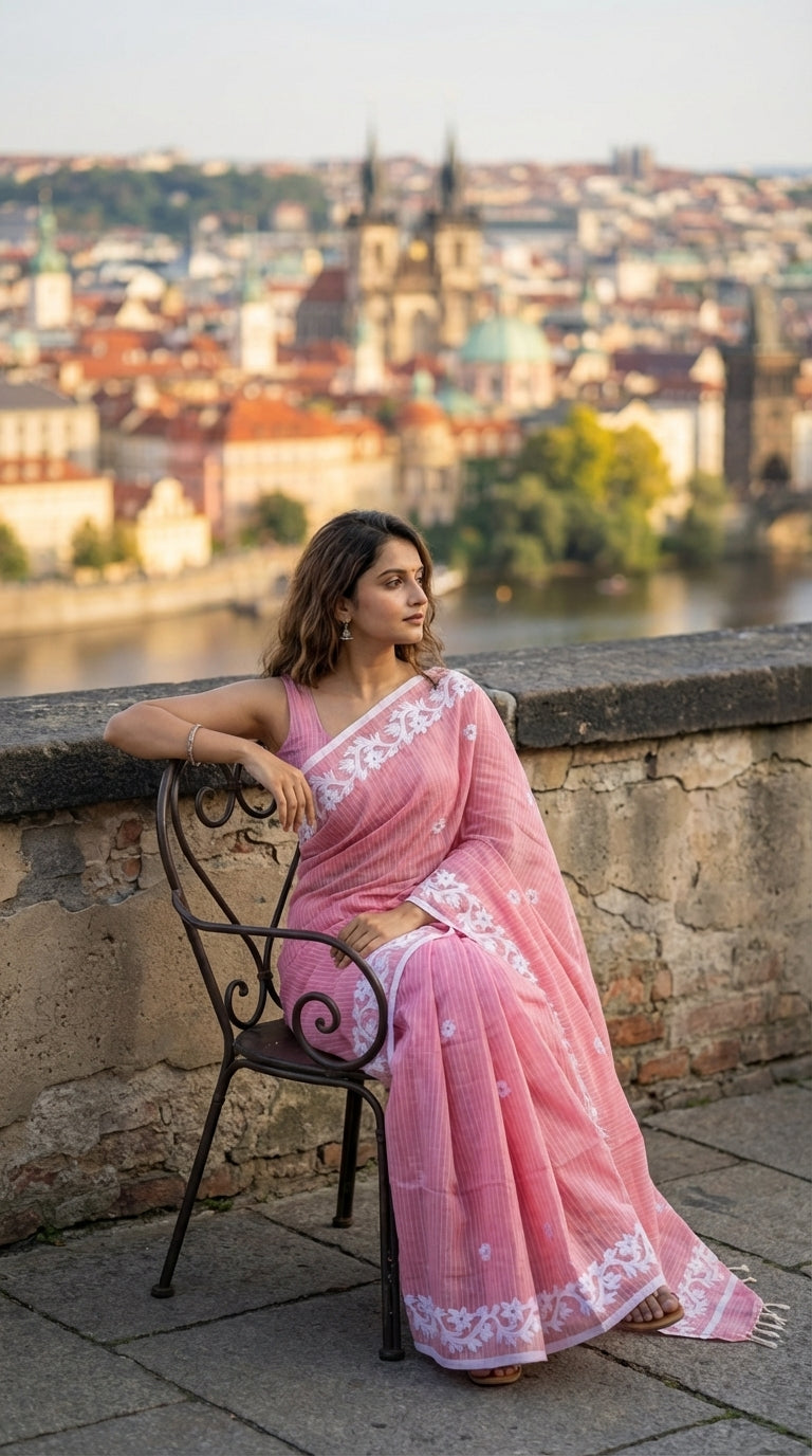 Pink Cotton Saree with Applique Border